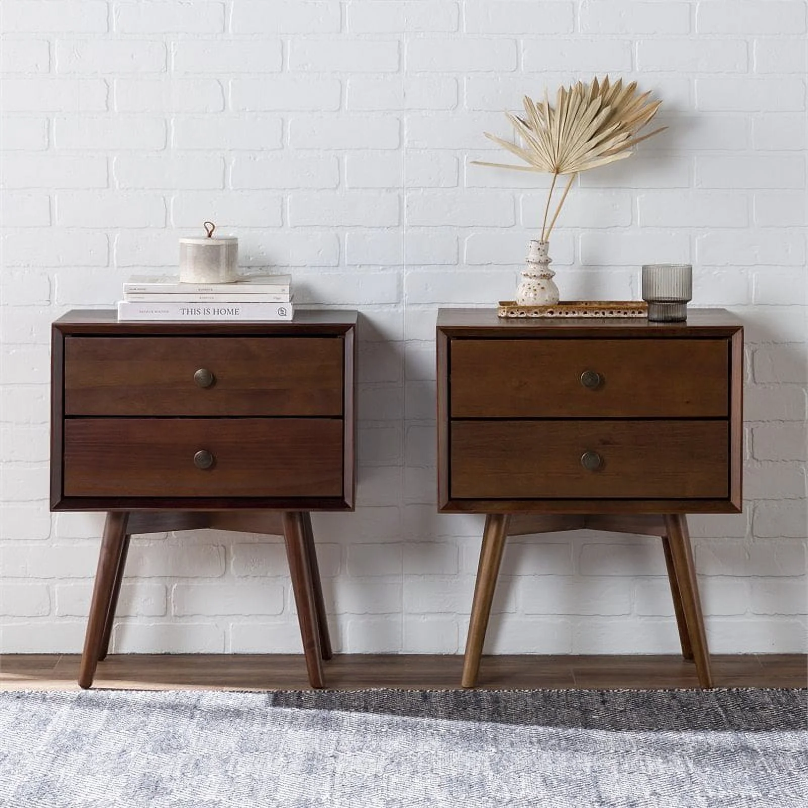 Walker Edison 2-Piece Solid Pine Wood Bedroom Nightstand Set in Walnut