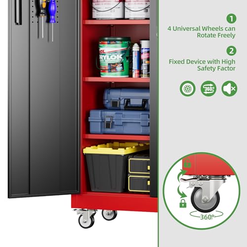 71" Metal Storage Cabinet with Wheels and Pegboard, Lockable Rolling Steel Storage Cabinet with 5 Adjustable Shelves and Door for Garage, Office