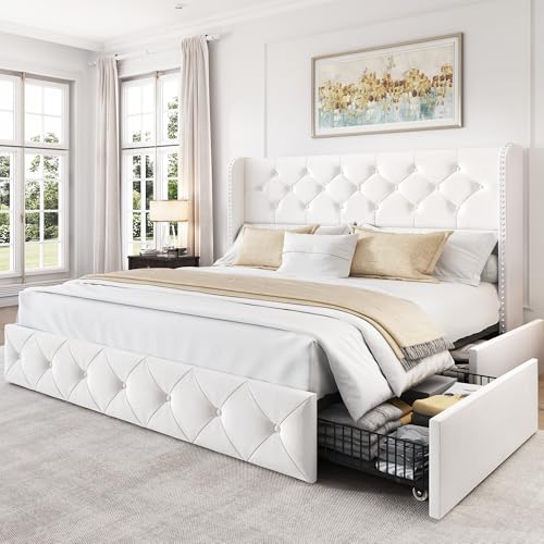 King Size Bed Frame with 4 Storage Drawers and Tufted Headboard Linen Upholstered Platform Bed Frame Wingback Beds with Wooden Slats Support