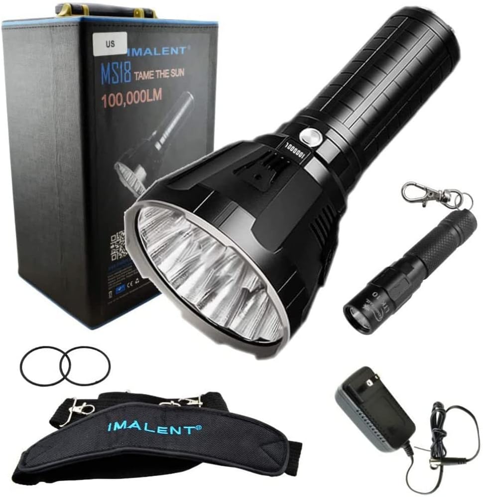 IMALENT MS18 Flashlight LED Rechargeable Bright Light with 100,000 Lumens - Case has a Strap, Wall Plug, & O-Rings