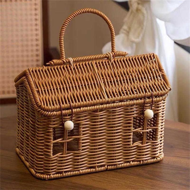 Rattan House Shaped Basket with Lid, Decorative Hand Woven Shelf Organizer with Folding Handle, Harvest Wicker Basket for Picnics, Easter, Organizing