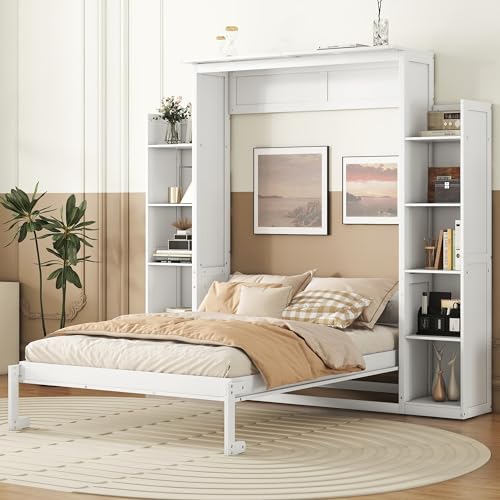 Full Size Murphy Bed Wall Bed with Shelves and Led Lights, Easy Fold Wood Wall Bed, Space-Saving Murphy Bed Cabinet for Guest Room Home Office, White