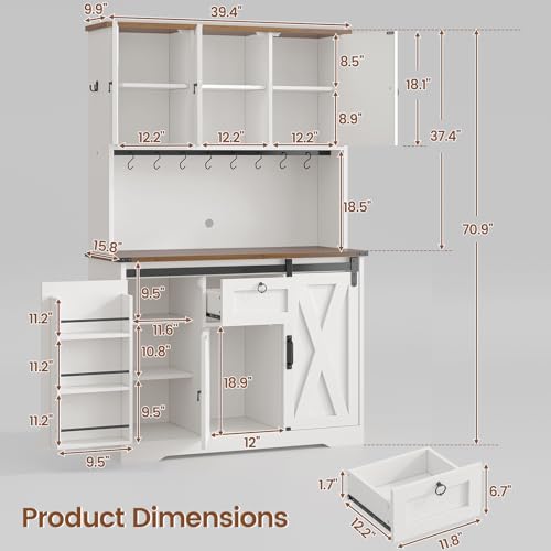 Kitchen Pantry Cabinet, Farmhouse Kitchen Cabinet with Drawer, Sliding Barn Doors Storage Cabinets with Adjustable Shelves for Dining Room, White