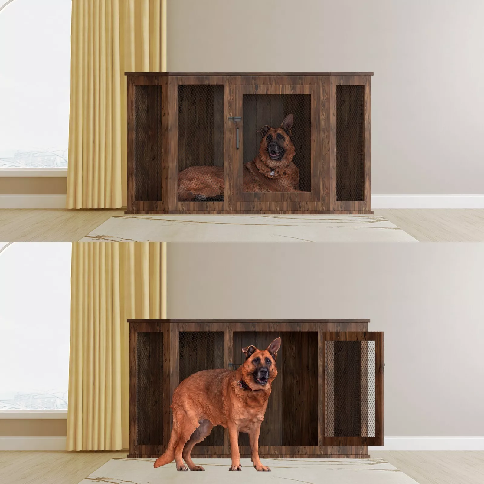 KPIBEST Corner Dog Crate Furniture, Dog Kennel Furniture with Metal Mesh, Wooden Dog Crate End Table, Small Medium Dogs, Brown