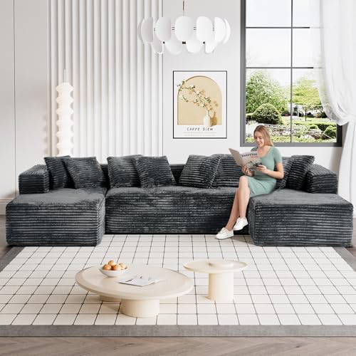 131" Modular Sectional Sofa Cloud Couch, Corduroy Memory Foam Black Sectional Couches for Living Room, Modern Deep Seat Boneless Sofa