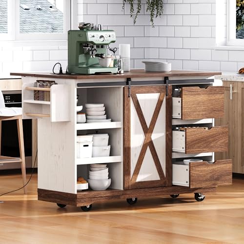 Ball & Cast Farmhouse Kitchen Island with Drop Leaf & Barn Door,Rolling Kitchen Cart on Wheels with Power Outlet,3 Large Drawers