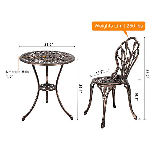 HOMEFUN Bistro Table and Chairs Set of 2 Outdoor 3 Piece Patio Set, Rose Pattern Cast Aluminum Bistro for Garden Balcony