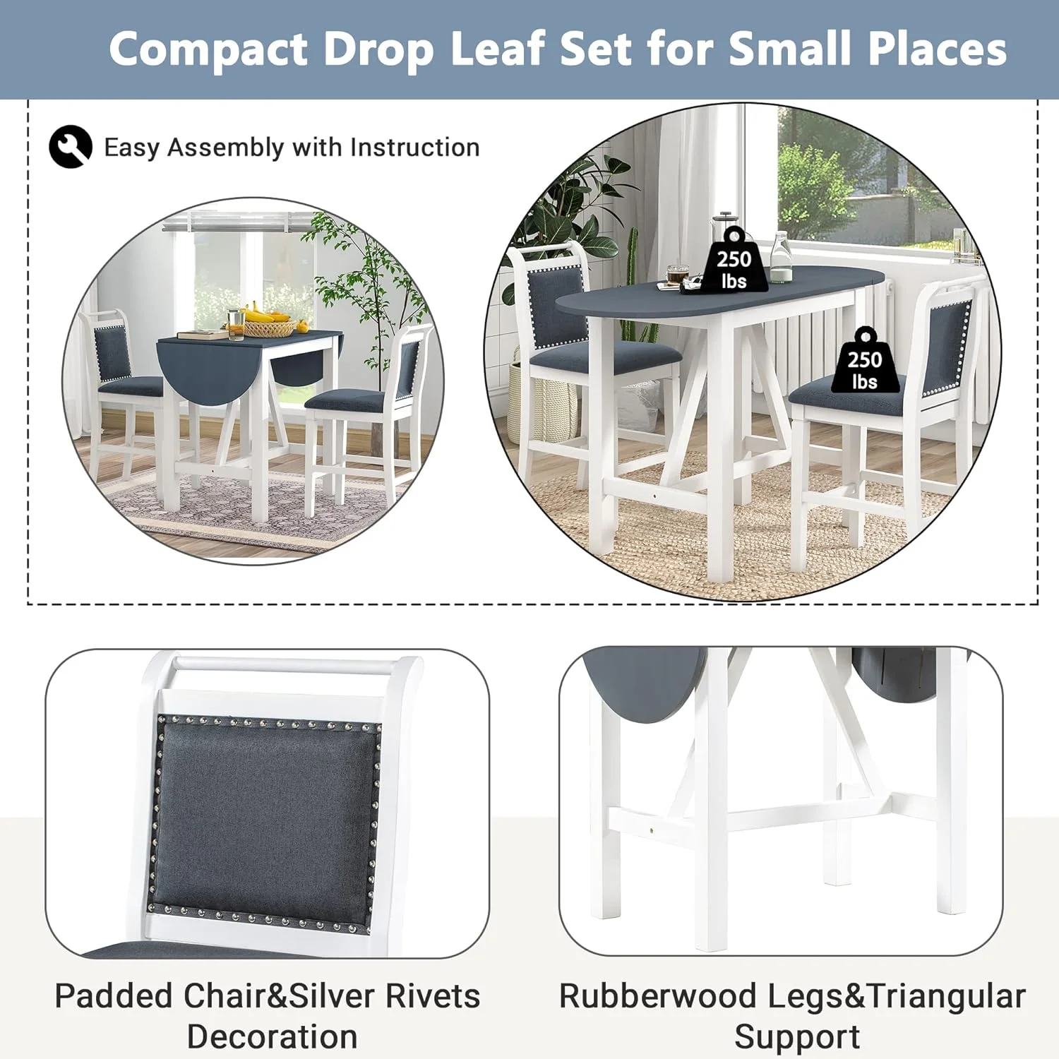 3 Piece Counter Height Kitchen Dining Set With Drop Leaf Dining Table And 2 Dining Padded Chairs, Dining Room Set For Small Places, White