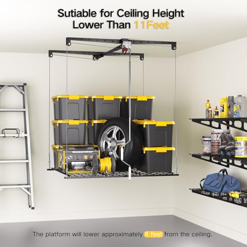 Overhead Garage Storage Rack, 4x4 Ft Adjustable Garage Ceiling Storage Lift, Heavy-Duty Ceiling Mounted Storage Lift System for Garage Organization