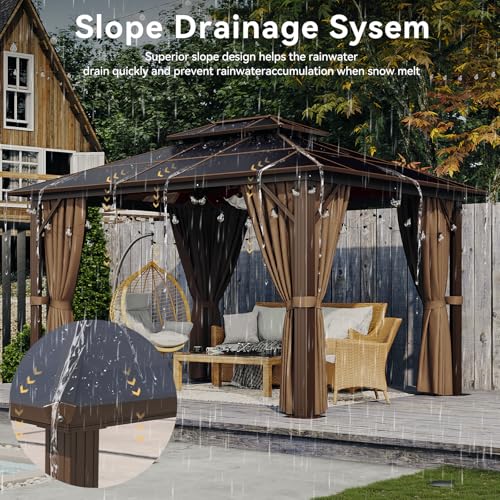 Aoxun 12'x10' Hardtop Gazebo, Aluminum Frame Permanent Pavilion with Curtains and Netting, Outdoor Polycarbonate Double Roof Canopy
