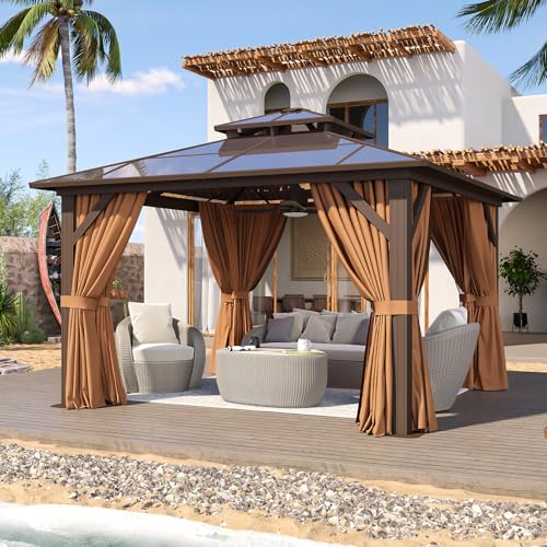 Aoxun 12'x10' Hardtop Gazebo, Aluminum Frame Permanent Pavilion with Curtains and Netting, Outdoor Polycarbonate Double Roof Canopy