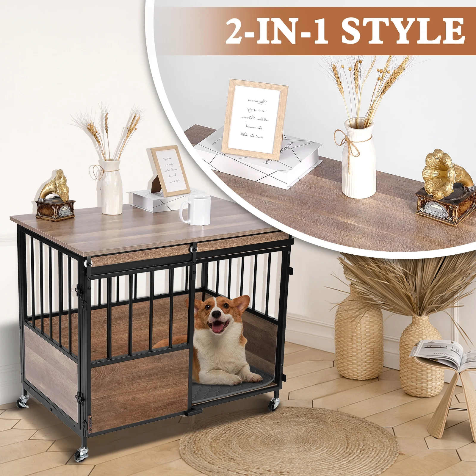 Aotiyer Dog Crate Furniture, 36" L Wooden Dog Kennel with Cushion, End Table, Anti-Chew Heavy-Duty Dog Kennel with Double Doors for Medium/Large Dogs