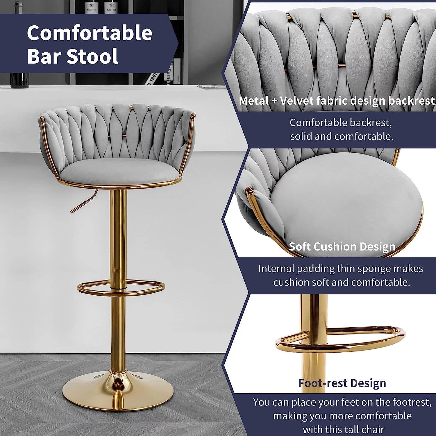 ZAFLY Adjustable Barstools, 360 Degree Swivel Bar Stool with Back at Counter Height Set of 6