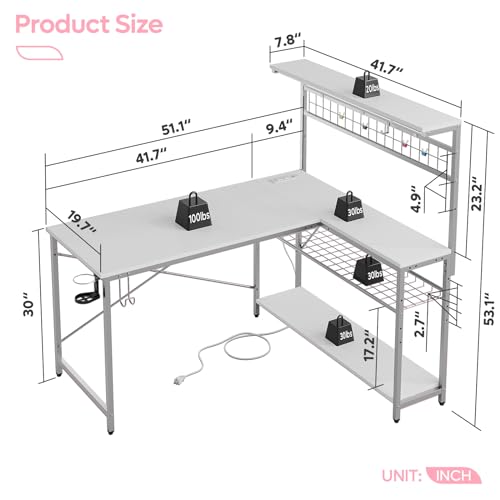 Bestier 42 L Gaming Desk,Computer Desk with Power Outlets, LED Lights, Reversible Corner Desk with 4-Tier Shelves,Cup Holder & Hook Carbon Fiber Black
