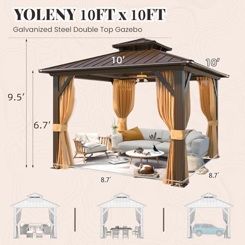 YOLENY 10' x 12' Hardtop Gazebo, Metal Gazebo with Aluminum Frame, Double Galvanized Steel Roof, Curtains and Netting Included