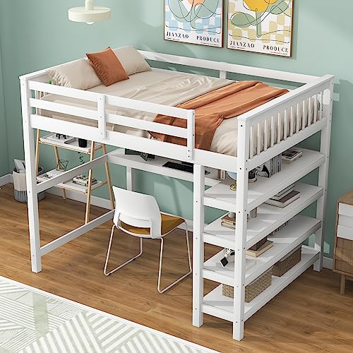 Harper & Bright Designs Full Loft Bed with Desk and Wardrobe,Solid Wood Loft Bed Frame Full with Storage Drawers for Kids Teens Adults