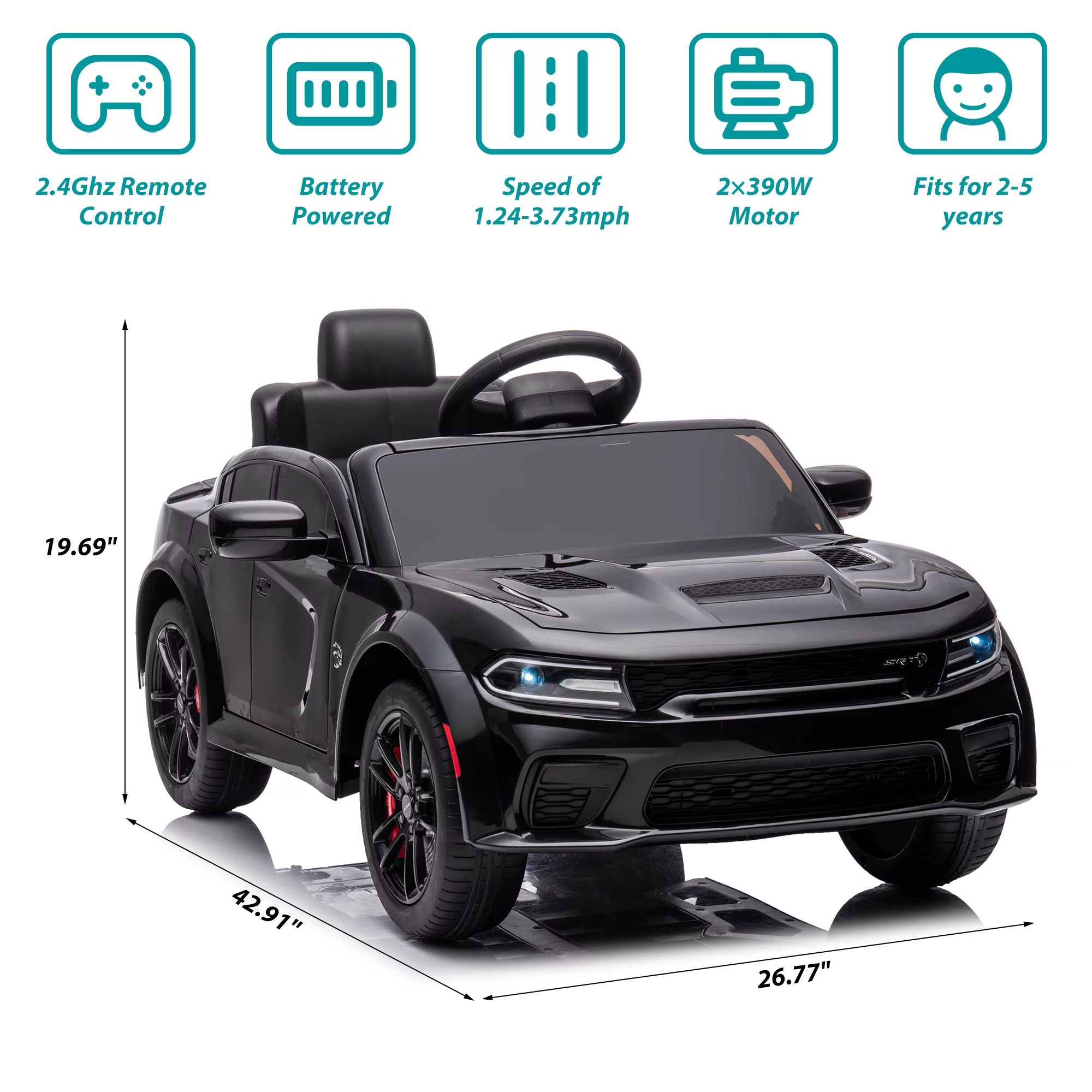 iRerts 12V Black Dodge Charger Ride On Cars with Remote Control, Kids Ride on Toys with Bluetooth, Music, LED Light, USB, MP3, 4 Wheel Suspension