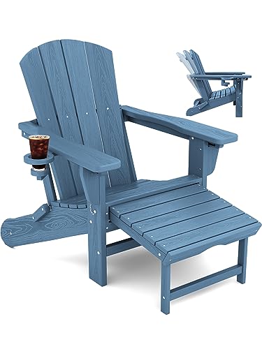 KINGYES Folding Adjustable Adirondack Chair with Retractable Ottoman Set of 4, HDPE All Weather Chair with Cup Holder