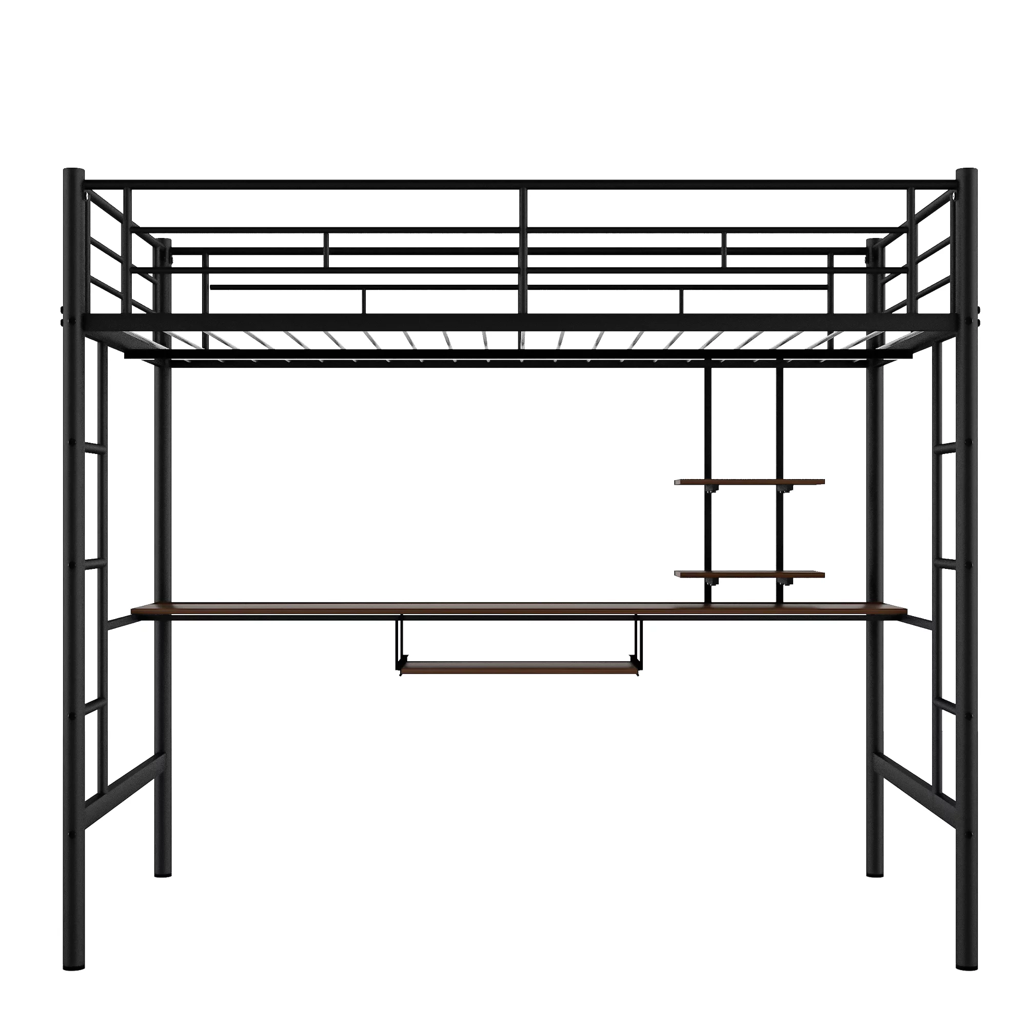 Loft Full Bed with Keyboard Tray Single Bunk Bed with 2 Shelves and one Desk Space-Saving Bunkbed High Sleeper Multipurpose Use