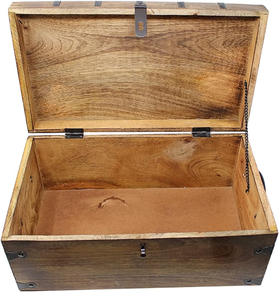 Nautical Cove Treasure Chest Wooden Box with Antique Iron Lock and Skeleton Key - Storage and Decor (Medium 12.25 x 6 x 5.5)