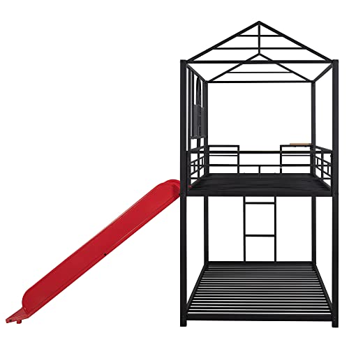 Kids Twin Over Twin Bunk Beds with Slide and Trundle, Solid Wood Bunk Bed Frame with Stairs and Storage