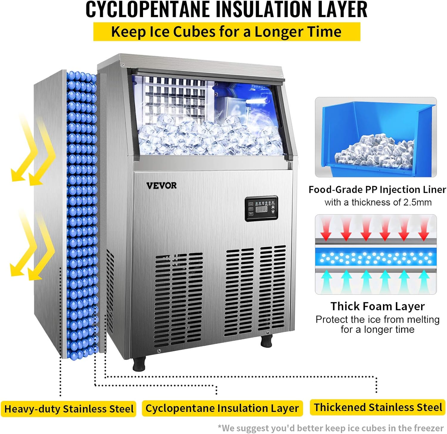 VEVOR 110V Commercial Ice Maker 80-90LBS/24H with 33LBS Bin, Full Heavy Duty Stainless Steel Construction, Automatic Operation