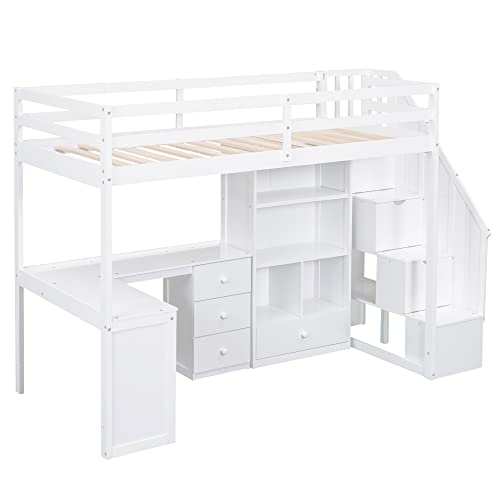 Harper & Bright Designs Twin Size Loft Bed with L-Shaped Desk and Stairs, Solid Wood Loft Bed Frame with Storage Drawers and Bookcase
