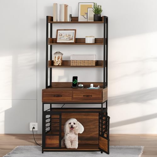 YITAHOME 39 Inch Dog Crate Furniture with Storage Shelves, Wooden Dog Crate for Large Dogs with Power Outlets