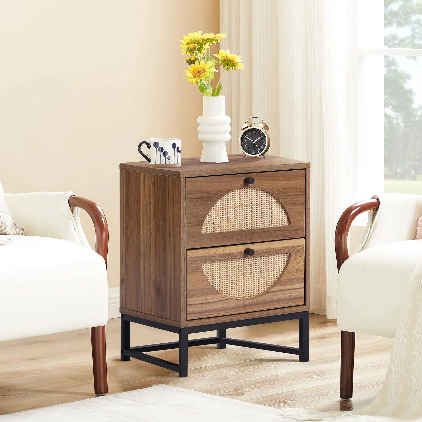 AWQM Rattan Nightstand with 2 Drawer, 2-Pieces Farmhouse End Table Small Accent Table with Storage,Wood Bedside Table Accent Cabinet for Small Space