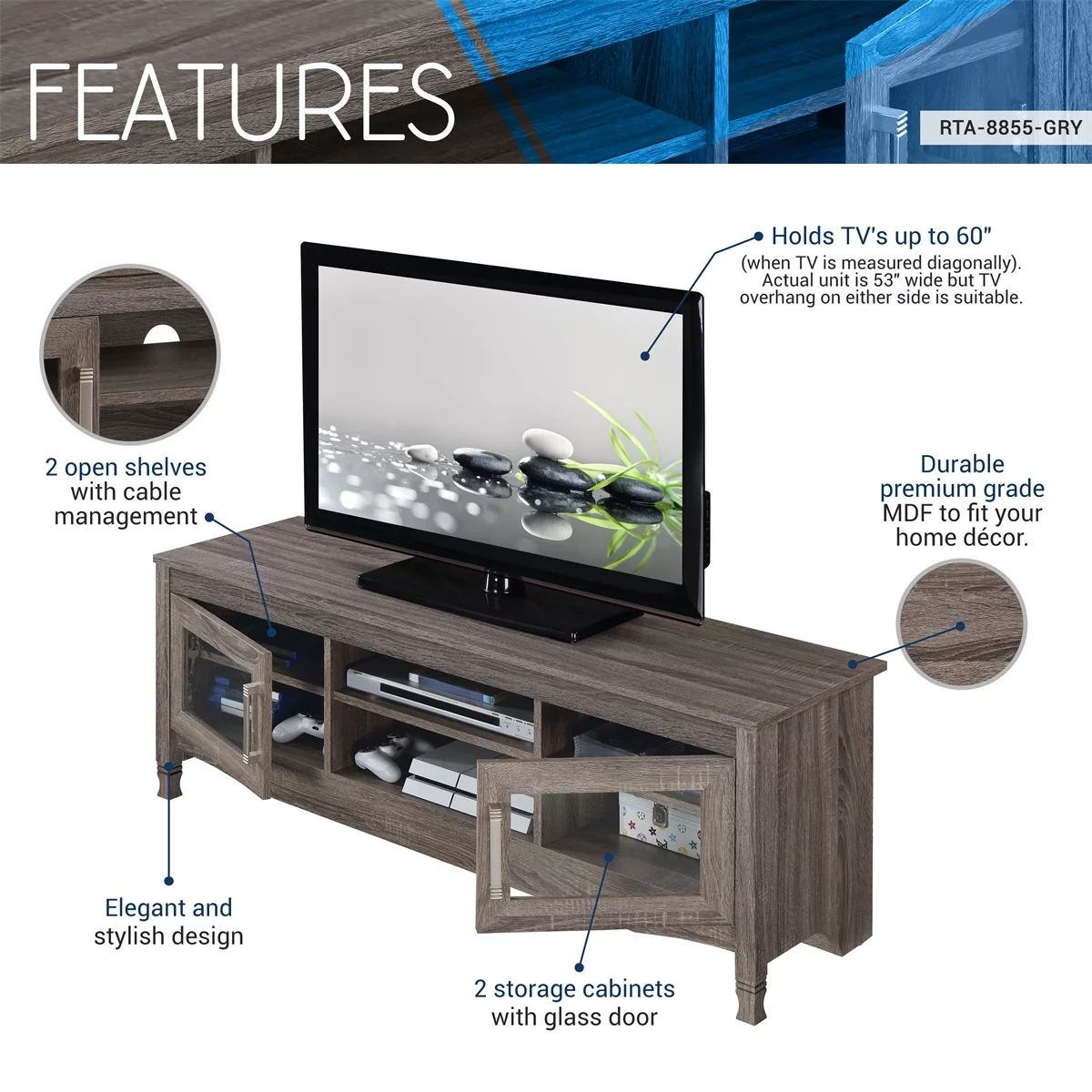 TV Stands up to 60 Inches, Farmhouse Entertainment Center with 2 Doors, Media Console Table Storage Cabinet for Living Room Bedroom, Grey Driftwood