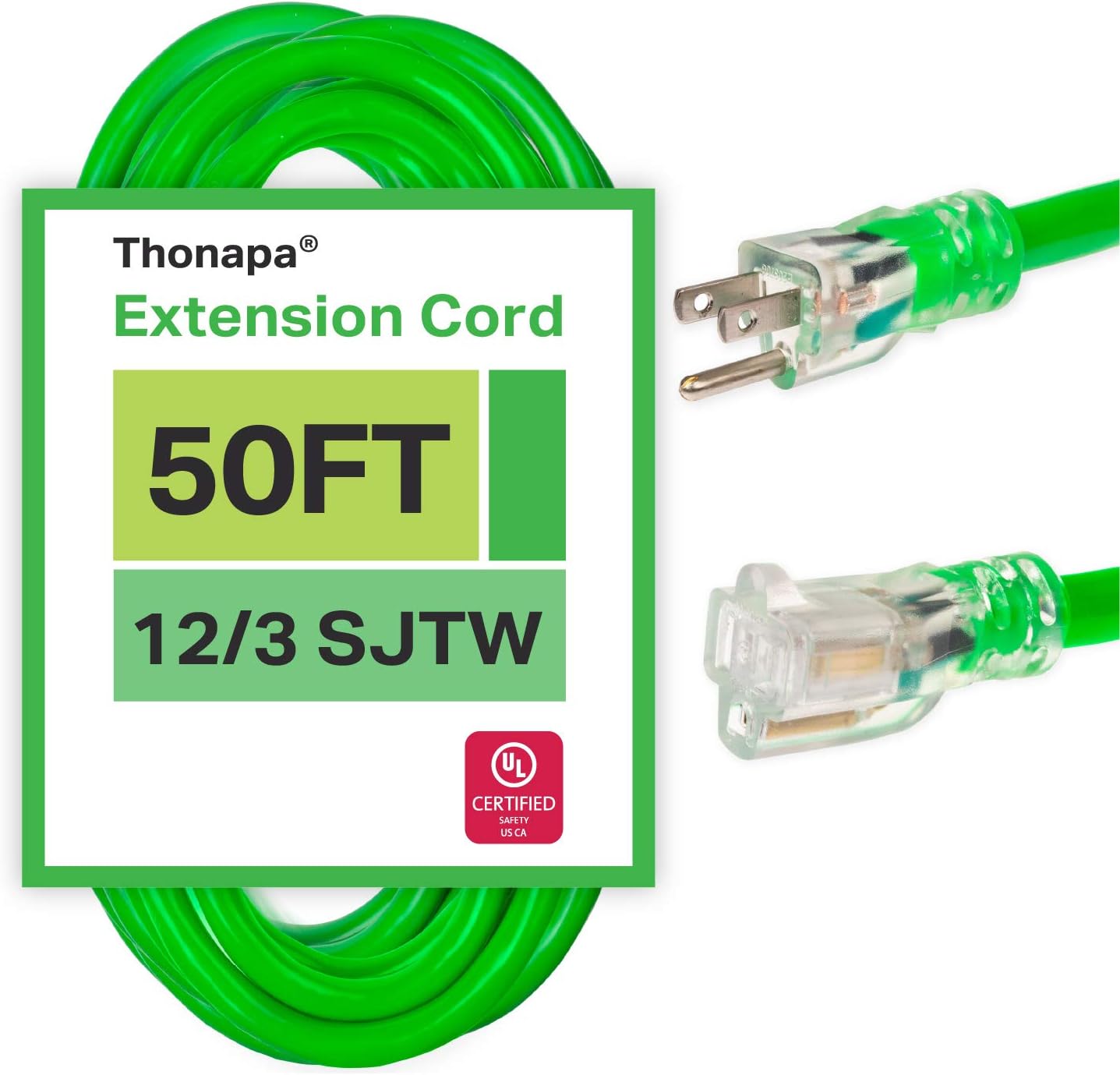 Thonapa 12/3 Heavy Duty Lighted Outdoor Extension Cord - Yellow Cable with 3 Prong Grounded Plug for Safety (25 Ft - SJTW)