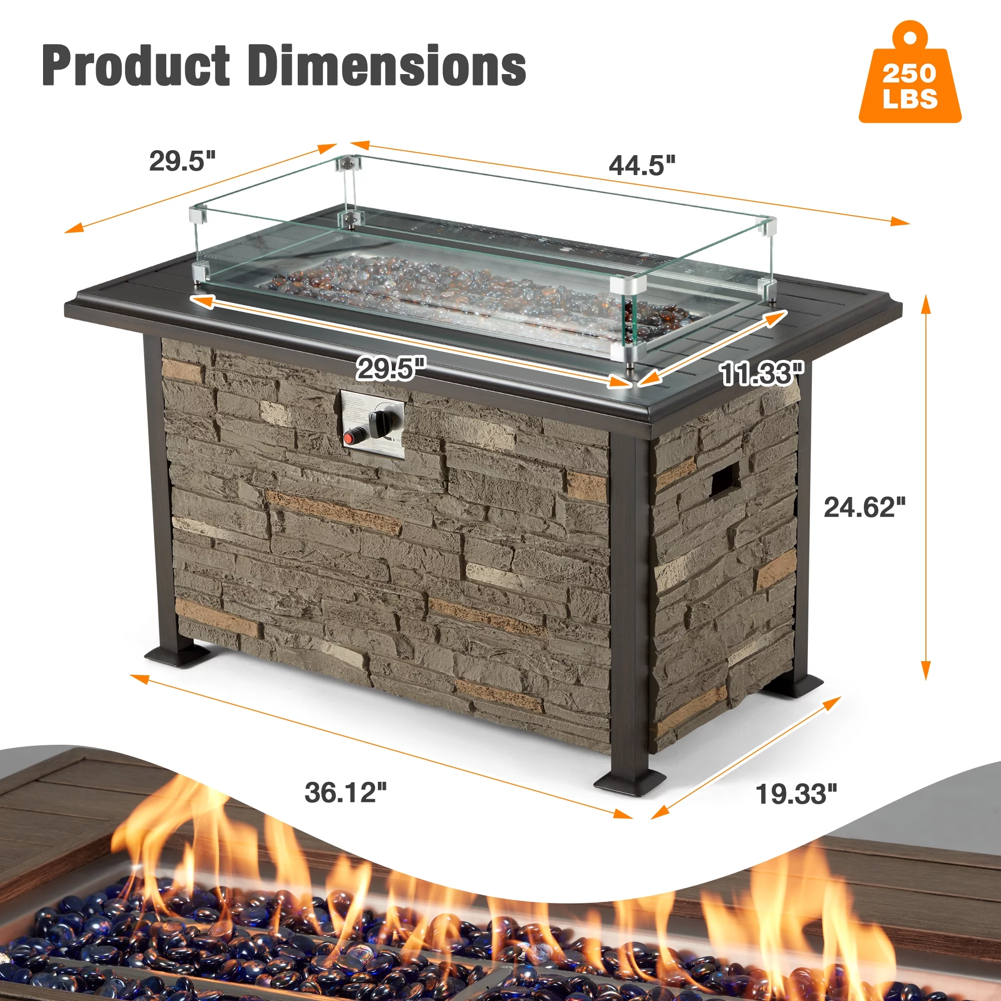 Homrest 44 Inch Aluminum Propane Fire Pit Table w/ Faux Ledgestone, Hand-Painted Table Top, 50,000 BTU Fire Table w/ CSA Certification,Wind Guard