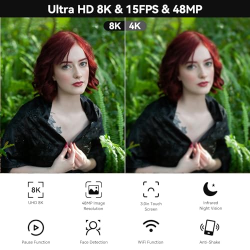 Video Camera, 8K Camcorder 48MP 15FPS UHD WiFi Vlogging Camera with IR Night Vision for YouTube, 3" Touch Screen 18X Digital Zoom, with Fill Light