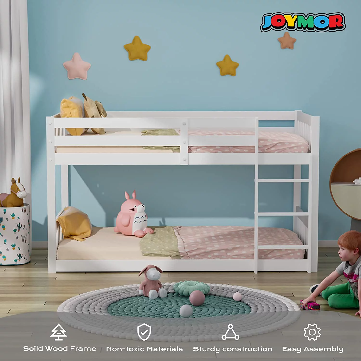 JOYMOR Wood Low Twin Over Twin Bunk Bed for Kids/Toddlers/Junior, Bunk Bed Frame with Guardrails & Ladder for Boys Girls, No Box Spring Needed, White