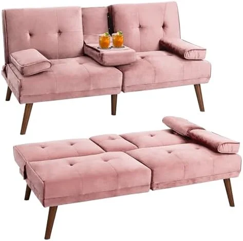 NLIBOOMLife Futon Couch Sofa Bed Convertible Folding Small Sleeper Loveseat with Removable Armrests  Wood Legs  2 Cup Holders for Small Spaces