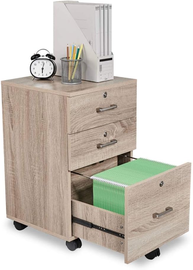 Bonnlo Upgraded 3-Drawer Rolling Wood File Cabinet with Lock, Mobile Filing Cabinet for Home Office, Under Desk File Cabinet, Assembly Required, Oak