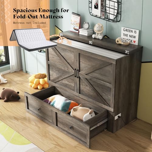 AMERLIFE Queen Murphy Bed with Storage & Charging Station, Farmhouse Murphy Cabinet with Foldable Panel, Noisy Free, for Guest Bedroom, Living Room