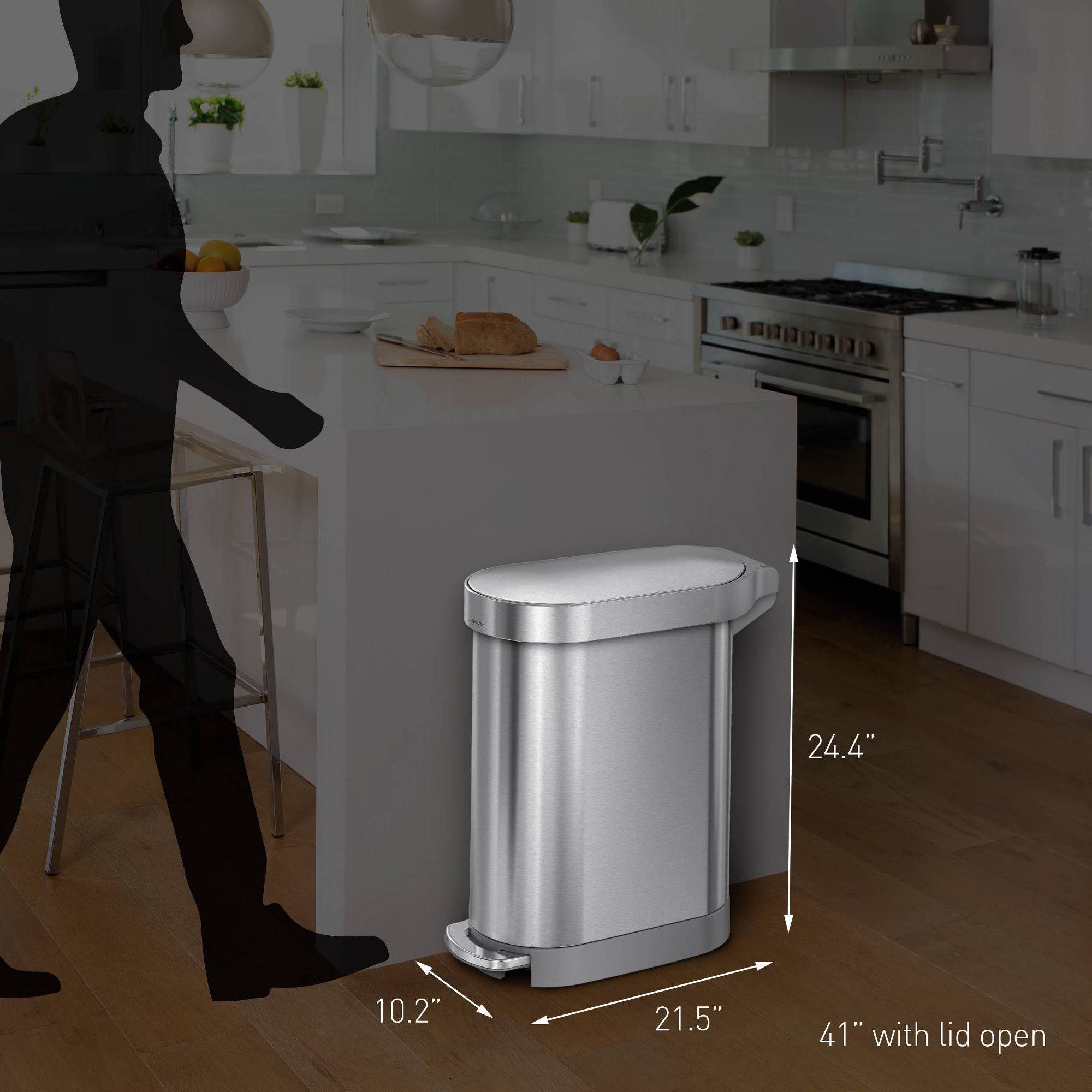 simplehuman 45L Liner Rim Slim Step Trash Can Brushed Stainless Steel with Plastic Lid