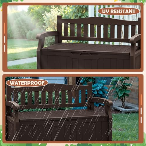 JUMMICO 80 Gallon Resin Outdoor Storage Bench, Large Deck Box with Armrest, Lockable & Waterproof for Garden, Home, Patio, Pools (Black)