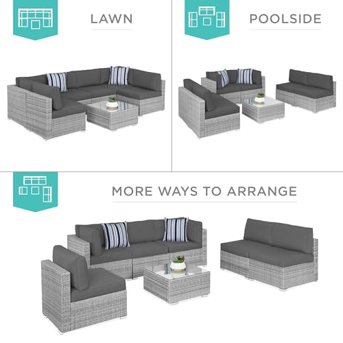 Best Choice Products 7-Piece Modular Outdoor Sectional Wicker Patio Conversation Set w/ 2 Pillows, Coffee Table, Cover Included - Gray/Navy