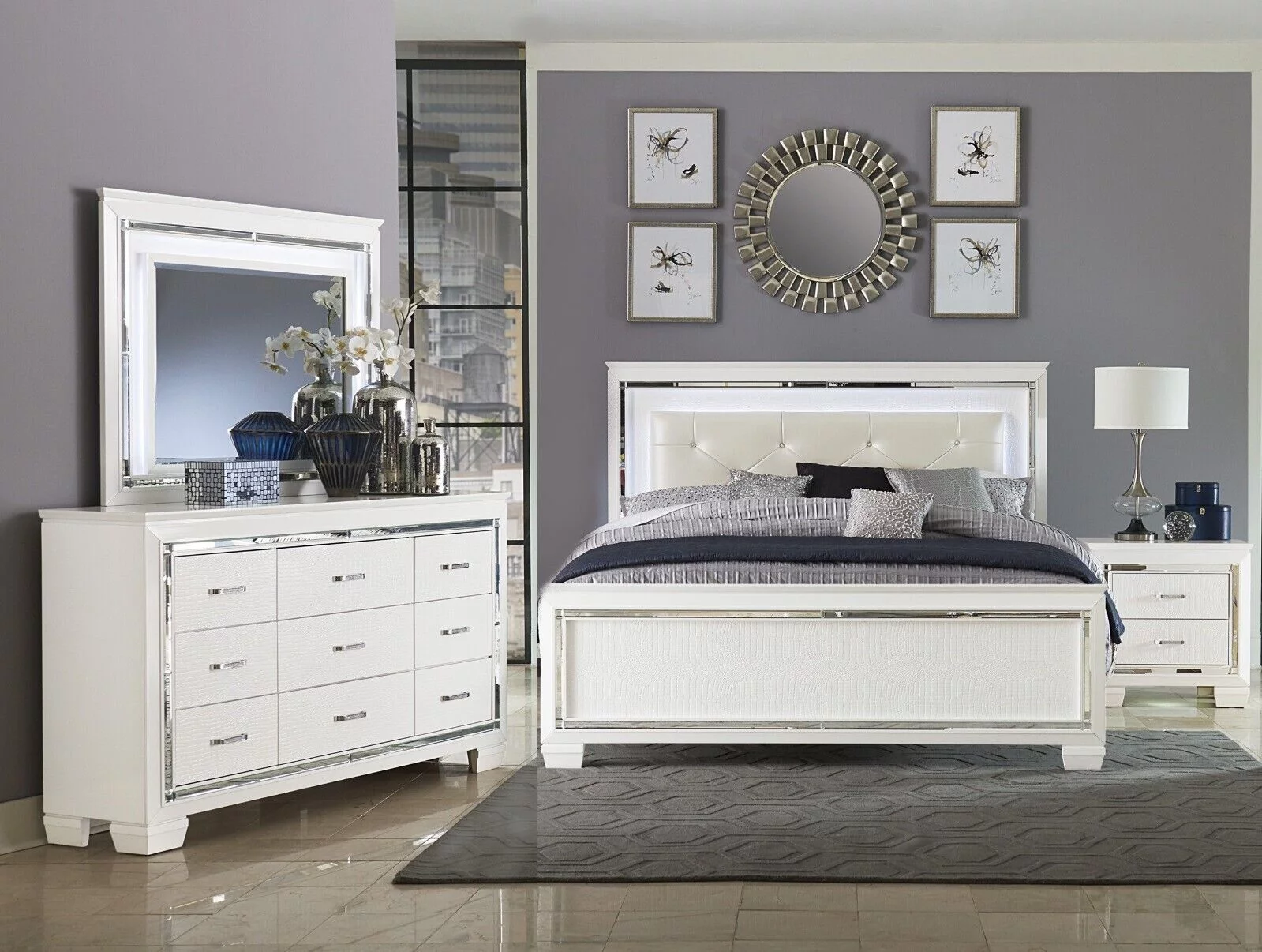 Glamorous Design White Bedroom Set 4pc Queen Button-Tufted LED Headboard Bed Nightstand Dresser LED Mirror Furniture