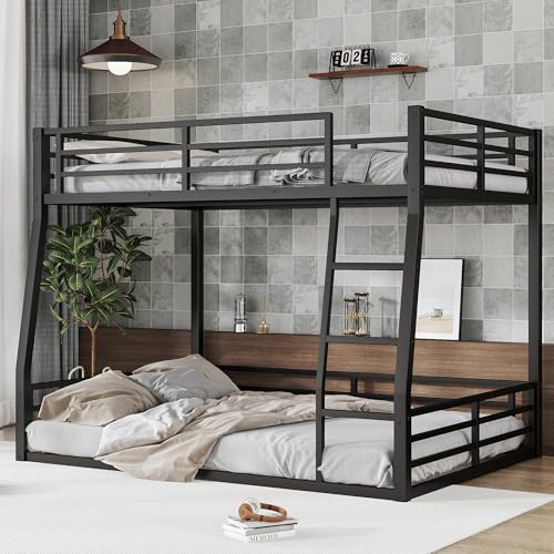Heavy Duty Bunk Bed Frame with Ladder, Twin XL Over Twin XL Bunk Beds with Safety Guardrails, Adults Bunk Beds with Noise-Reducing Rubber Stoppers
