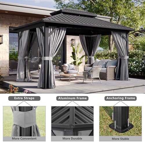 Aoxun 10' X 12' Hardtop Gazebo, Aluminum Metal Outdoor Gazebo with Galvanized Steel Double Roof