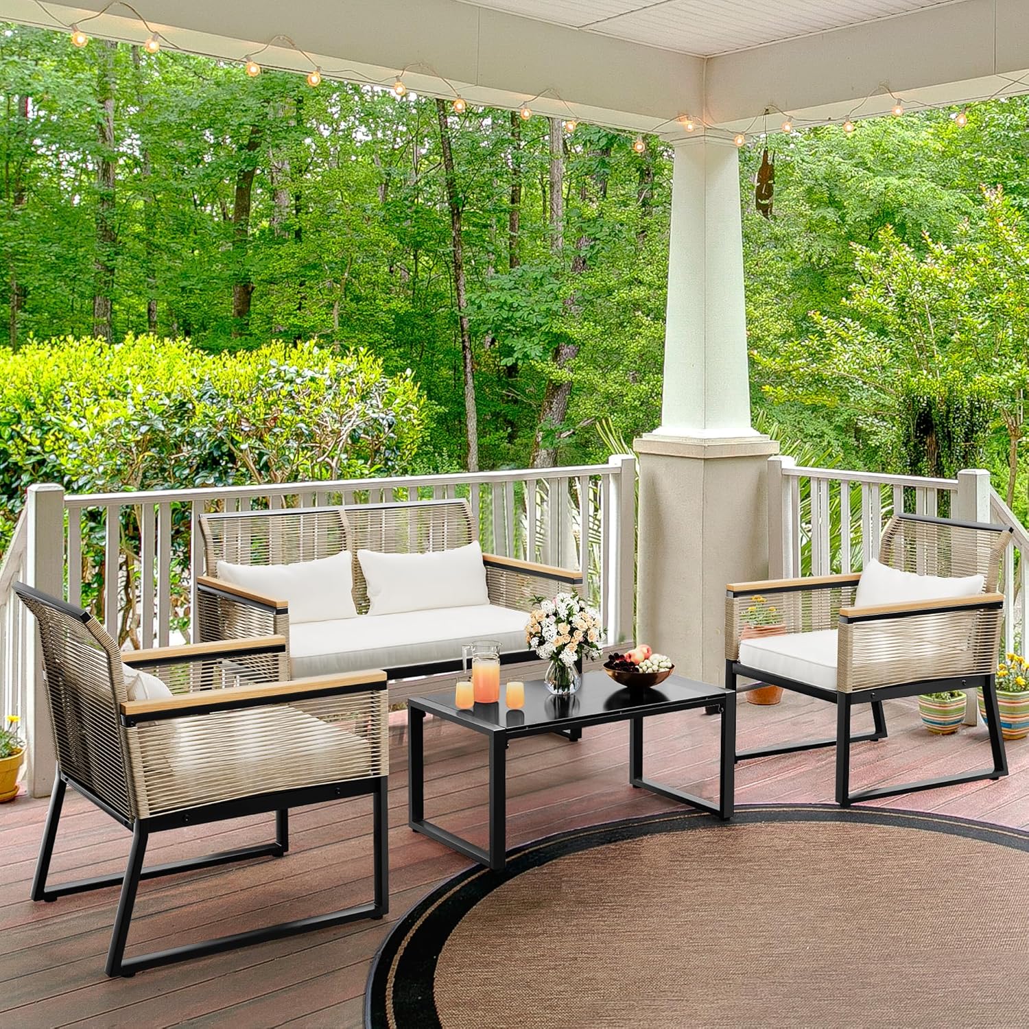 YITAHOME Patio Furniture Wicker Outdoor Bistro Set, 4-Piece All Weather Rattan Conversation Loveseat for Backyard