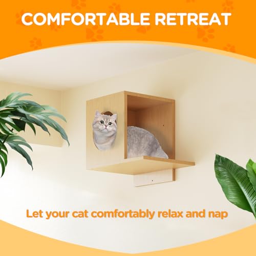 MeowHomm Cat Wall Shelves, Set of 5 Wooden Cat Wall Furniture with Cat Condo, Cat Scratching Post with 3 Steps, Bridge, Cat Hammocks and Scratcher