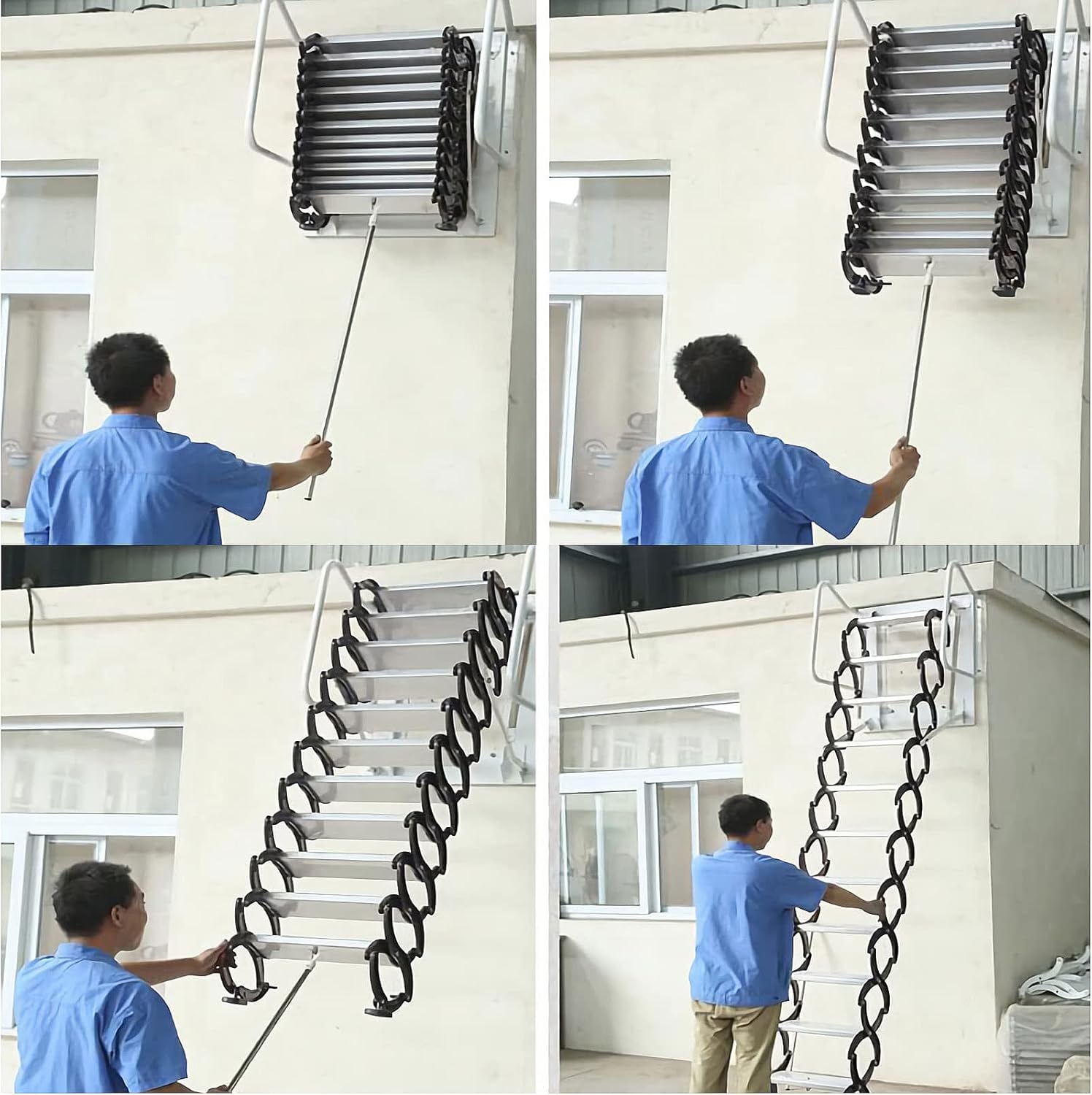 TECHTONGDA Folding Ladder Attic Loft Pull Down Ladder Stairs 12 Steps Wall Mounted Folding Stairs Al-Mg Alloy 9.8ft Height Attic Stairs Blue