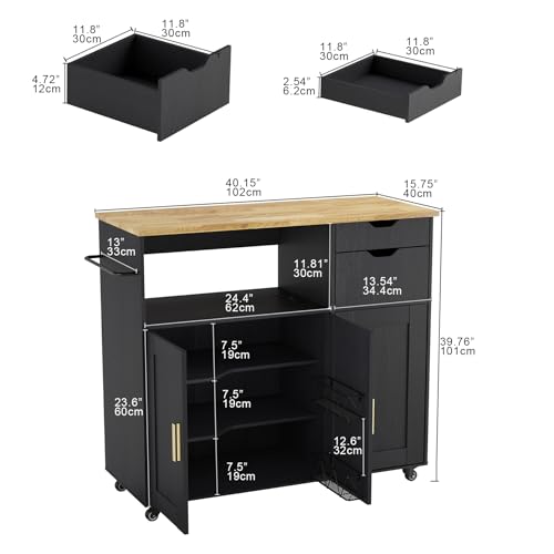 Rolling Mobile Kitchen Island Cart Bar with Drawer and Desktop Drop Leaf Countertop, Island Table Storage with 5 Wheels