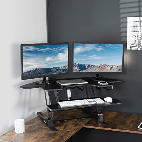 VIVO 43 inch Corner Electric Height Adjustable Cubicle Stand Up Desk Converter, VE Series, Sit to Stand Tabletop Dual Monitor Riser with USB Port