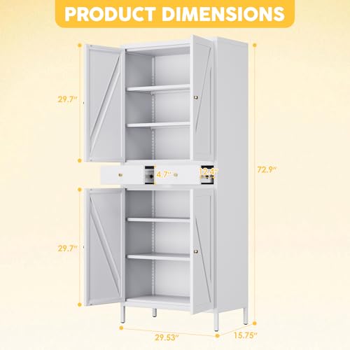 Tall Kitchen Pantry Cabinet, Metal Display Storage Cabinets with 4 Doors/2 Drawers for Kitchen Home Office Living Room, Assembly Required