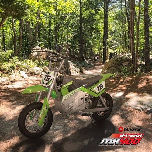 Razor MX400 Dirt Rocket – 14 MPH (22 KMH) Off-Road Electric Dirt Bike, High-Torque Motor, 30 Min Ride Time, Adjustable Handlebars, Ages 13+, Green